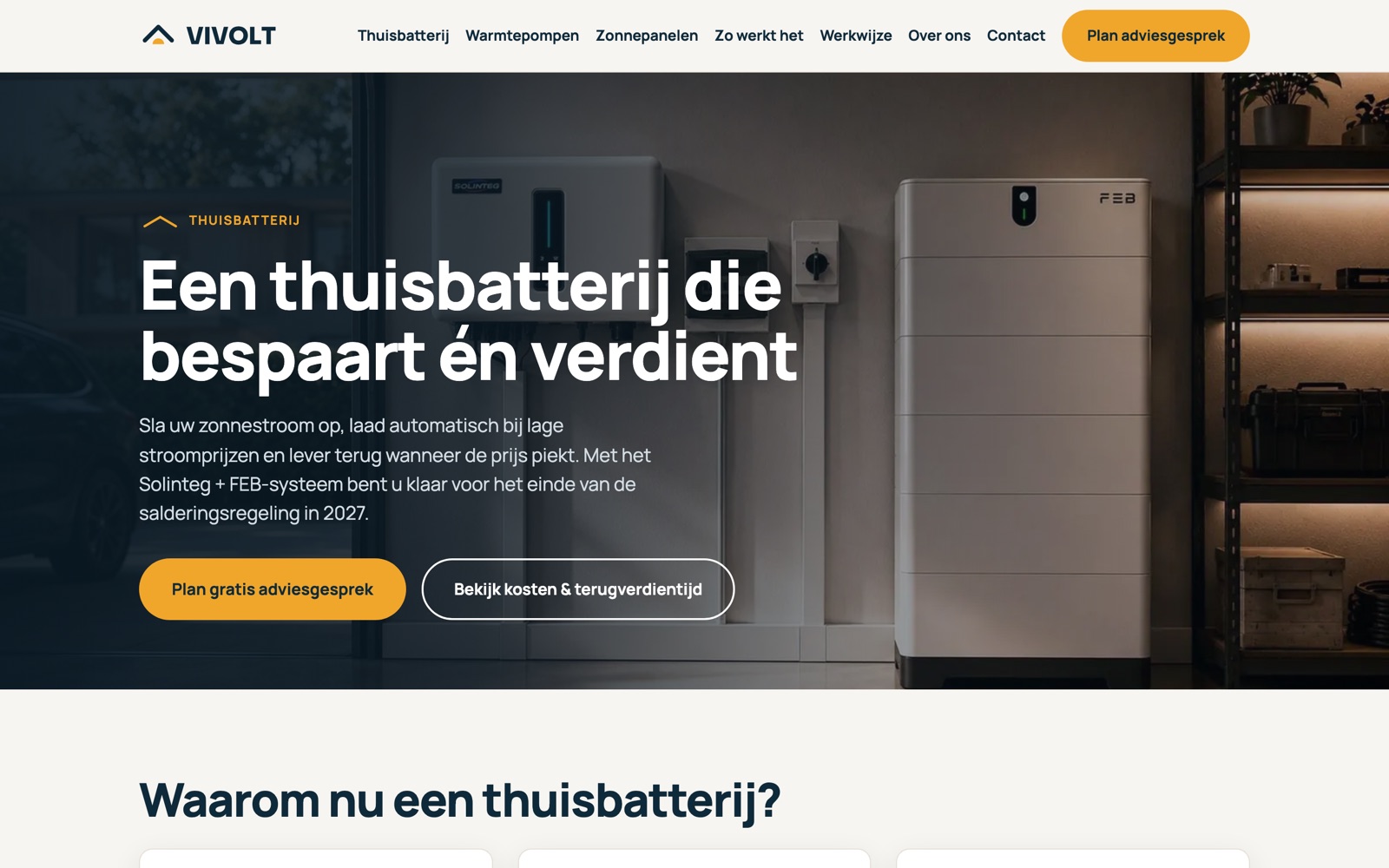 Productpagina thuisbatterij van ViVOLT met prijzen en call-to-action